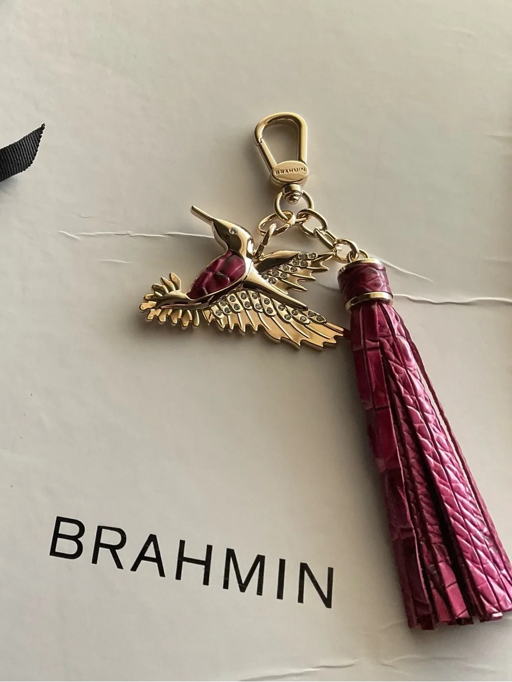 NWOT beautiful Brahmin Magenta & Gold Hummingbird Tassel Keychain